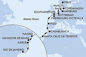 Brazílie, Španělsko, Maroko, Velká Británie, Francie, Nizozemsko, Dánsko, Norsko, Německo z Rio de Janeira na lodi MSC Preziosa